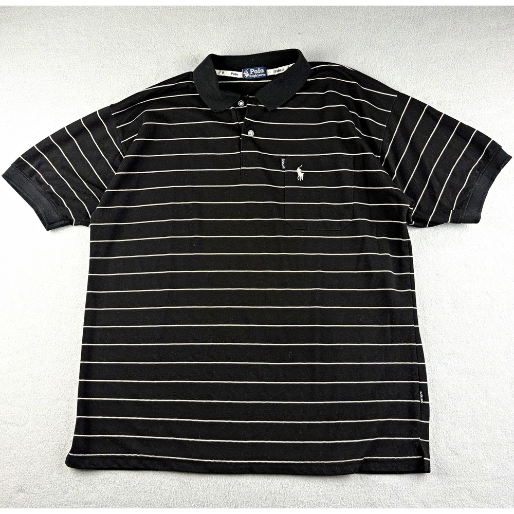 Vintage Polo Ralph Lauren Polo Shirt Men's L Black White Stripe Pocket 90s